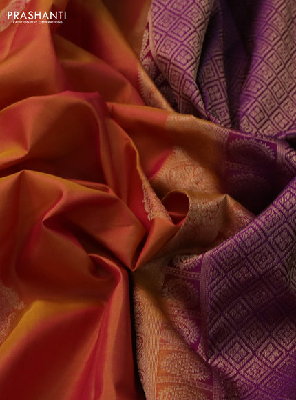 Pure kanchipuram silk saree dual shade of dark mustard and purple with zari woven buttas and rettapet zari woven border