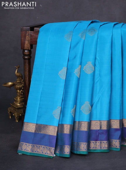 Pure kanchipuram silk saree teal blue and dual shade of blue with zari woven buttas and rettapet zari woven border