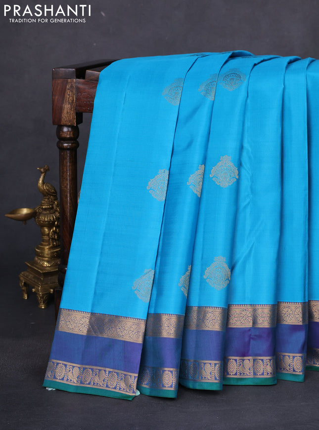 Pure kanchipuram silk saree teal blue and dual shade of blue with zari woven buttas and rettapet zari woven border