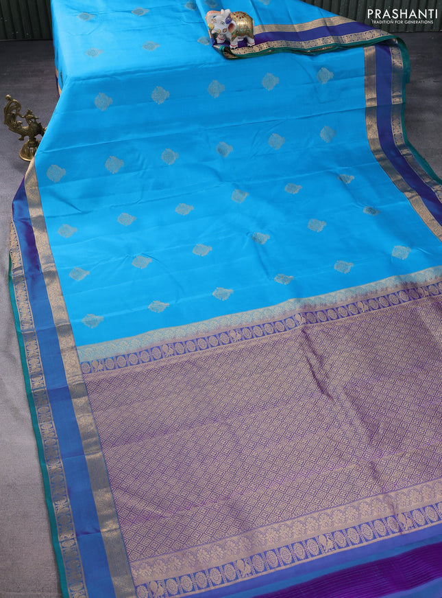 Pure kanchipuram silk saree teal blue and dual shade of blue with zari woven buttas and rettapet zari woven border