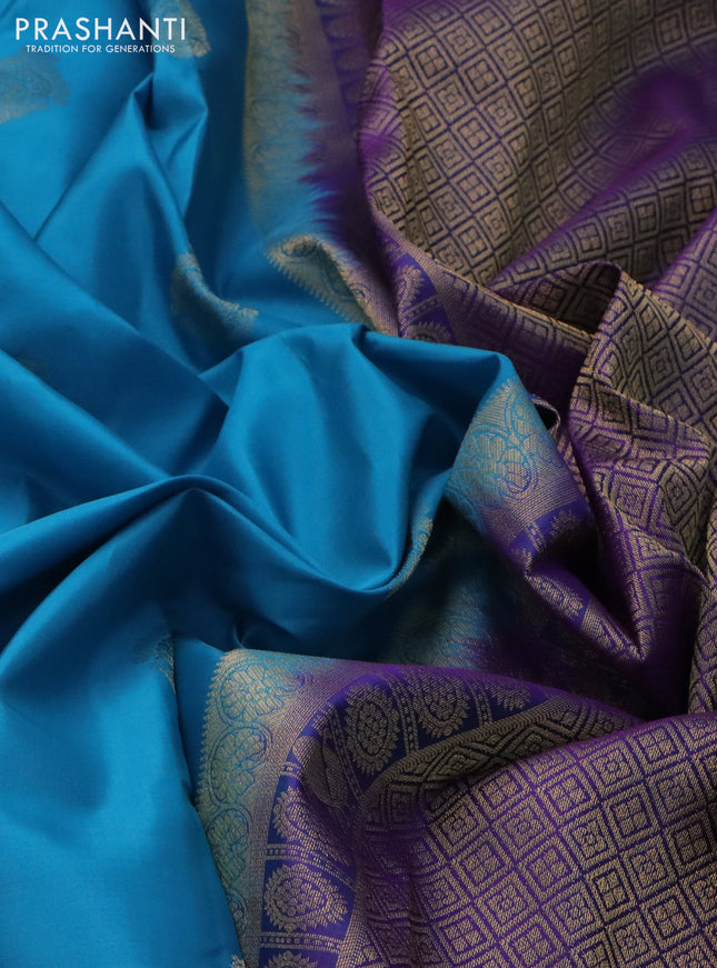 Pure kanchipuram silk saree teal blue and dual shade of blue with zari woven buttas and rettapet zari woven border