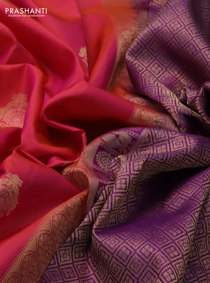 Pure kanchipuram silk saree dual shade of pinkish orange and purple with zari woven buttas and rettapet zari woven border