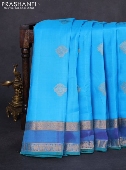 Pure kanchipuram silk saree light blue and dual shade of purple with zari woven buttas and rettapet zari woven border