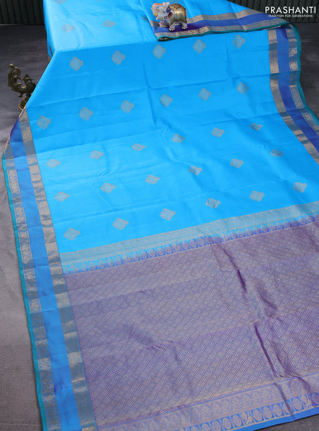 Pure kanchipuram silk saree light blue and dual shade of purple with zari woven buttas and rettapet zari woven border