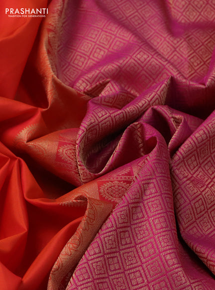 Pure kanchipuram silk saree orange and pink with zari woven buttas and rettapet zari woven border