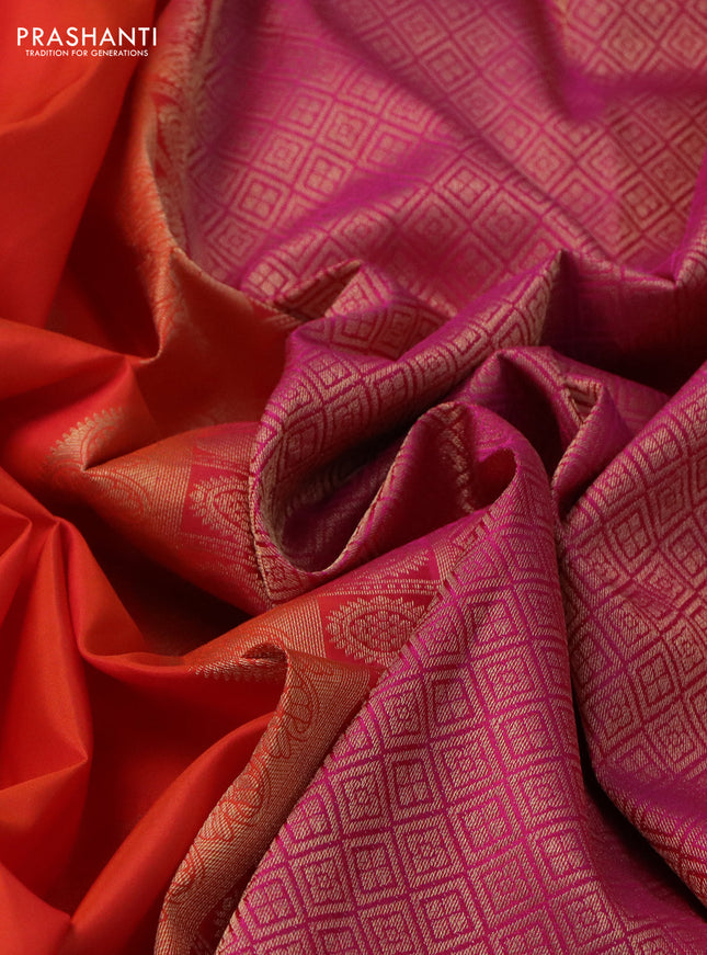 Pure kanchipuram silk saree orange and pink with zari woven buttas and rettapet zari woven border