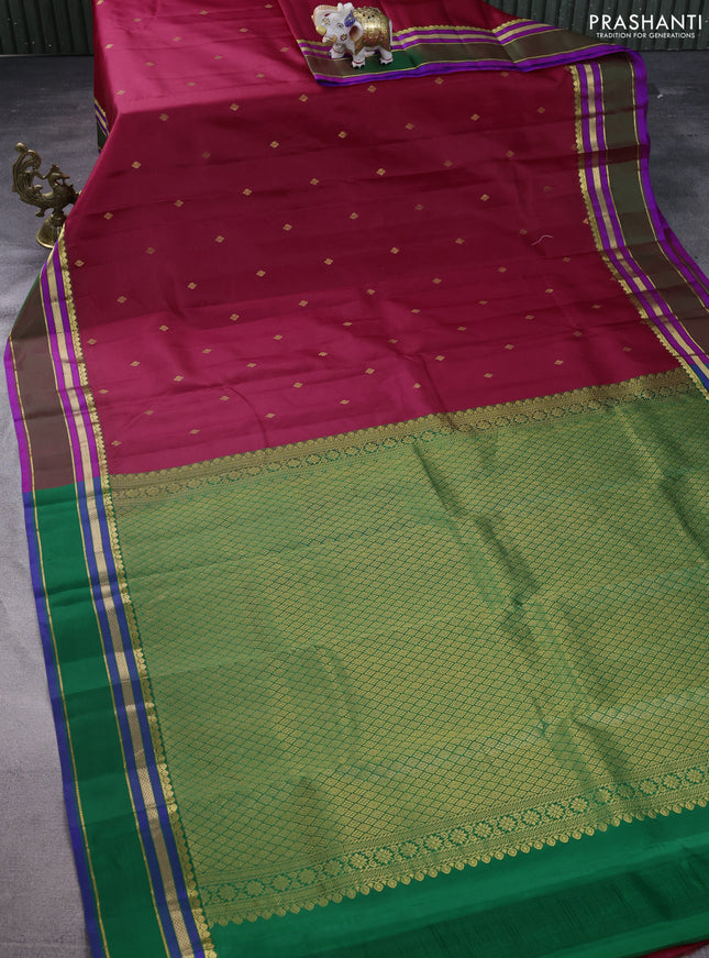 Pure kanchipuram silk saree kumkum red and dual shade of green with zari woven buttas and rettapet zari woven border