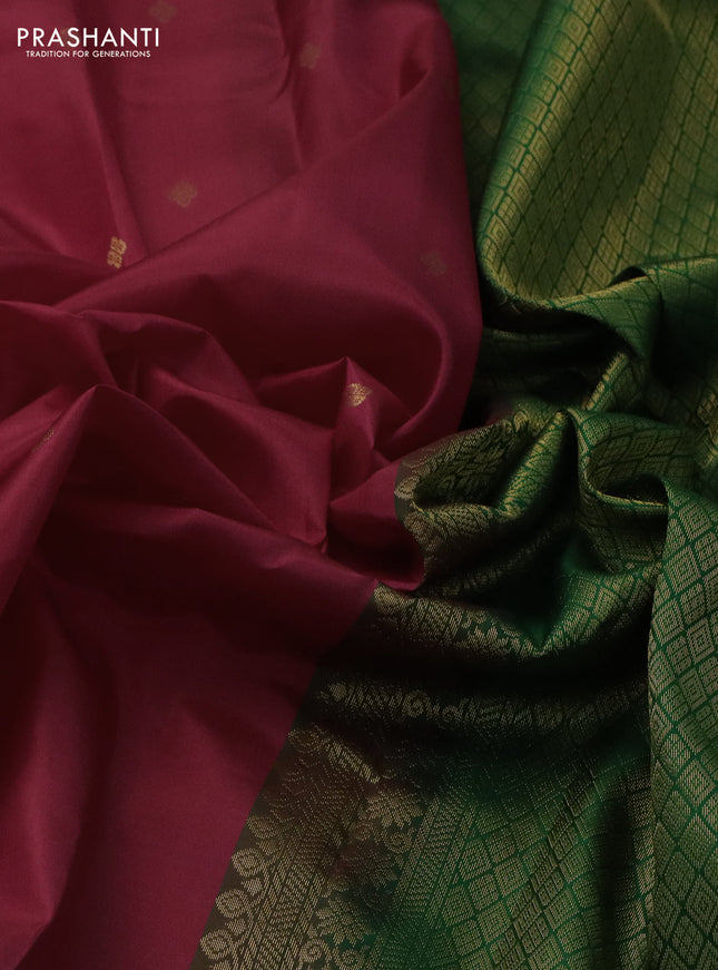Pure kanchipuram silk saree kumkum red and dual shade of green with zari woven buttas and rettapet zari woven border