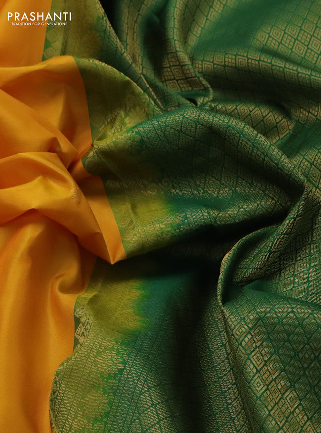 Pure kanchipuram silk saree mango yellow and green with zari woven buttas and rettapet zari woven border