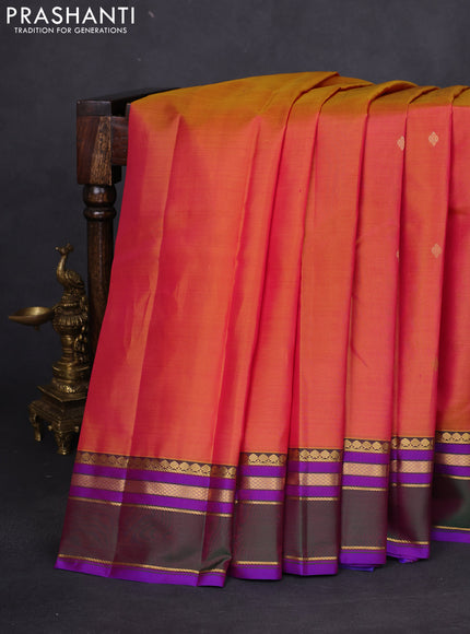 Pure kanchipuram silk saree dual shade of mustard yellowish pink and dual shade of green with zari woven buttas and rettapet zari woven border