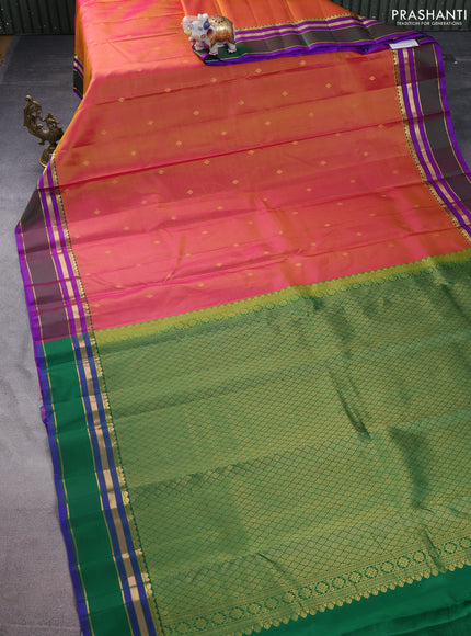 Pure kanchipuram silk saree dual shade of mustard yellowish pink and dual shade of green with zari woven buttas and rettapet zari woven border