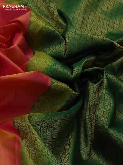 Pure kanchipuram silk saree dual shade of mustard yellowish pink and dual shade of green with zari woven buttas and rettapet zari woven border