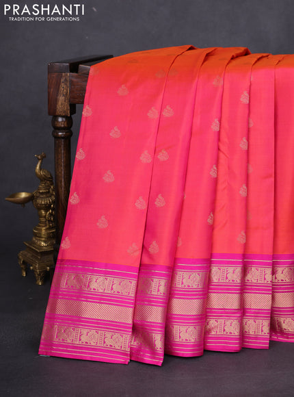 Pure kanchipuram silk saree dual shade of pinkish orange and pink with zari woven annam buttas and rich zari woven border