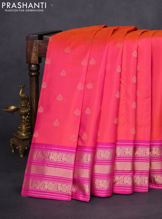 Pure kanchipuram silk saree dual shade of pinkish orange and pink with zari woven annam buttas and rich zari woven border