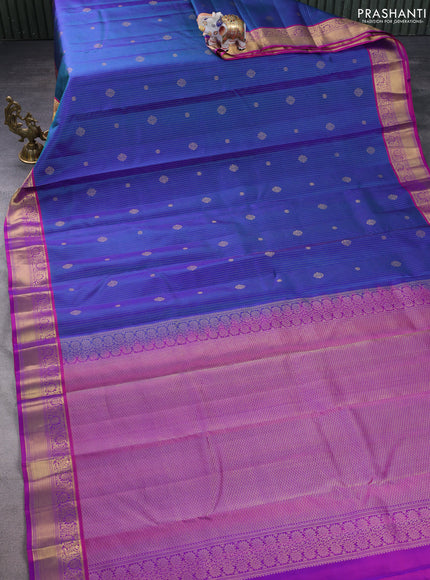 Pure kanchipuram silk saree dual shade of blue and purple with allover zari weaves & buttas and rich zari woven border