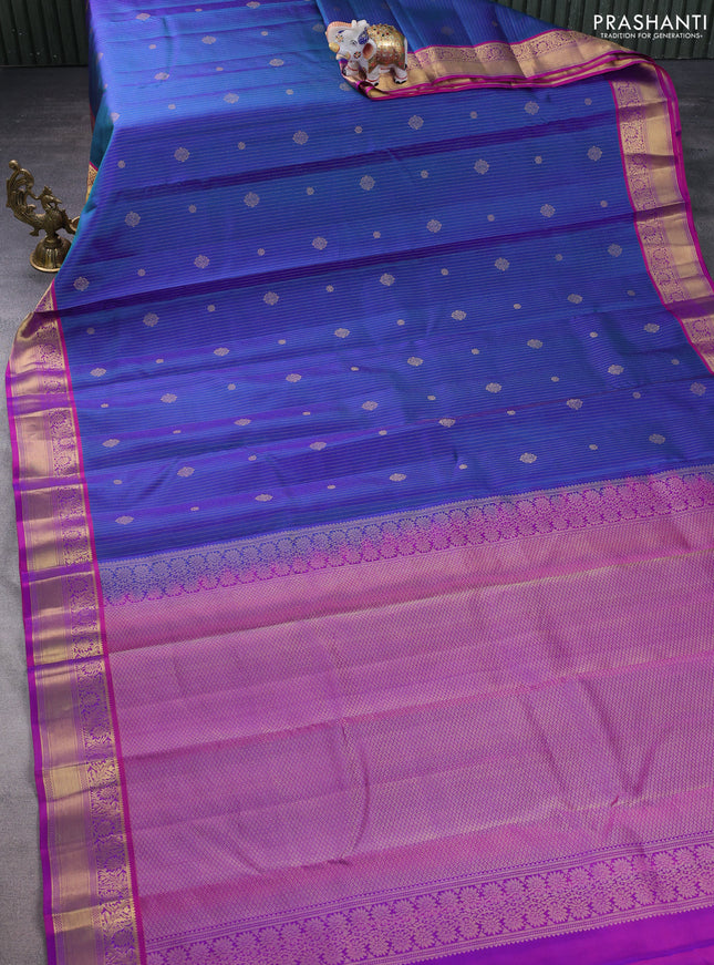 Pure kanchipuram silk saree dual shade of blue and purple with allover zari weaves & buttas and rich zari woven border