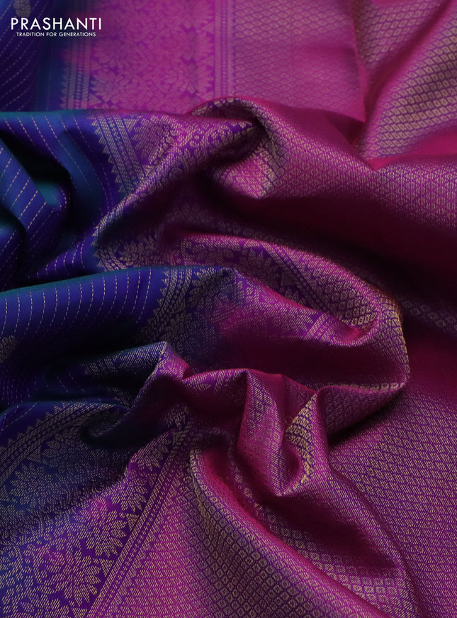 Pure kanchipuram silk saree dual shade of blue and purple with allover zari weaves & buttas and rich zari woven border