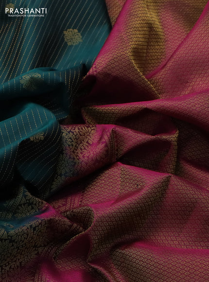 Pure kanchipuram silk saree peacock green and dark magenta pink with allover zari weaves & buttas and rich zari woven border