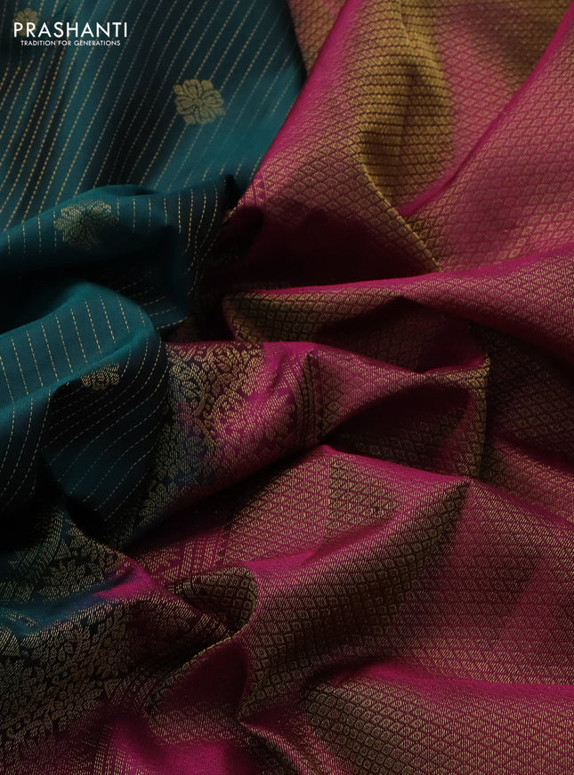 Pure kanchipuram silk saree peacock green and dark magenta pink with allover zari weaves & buttas and rich zari woven border