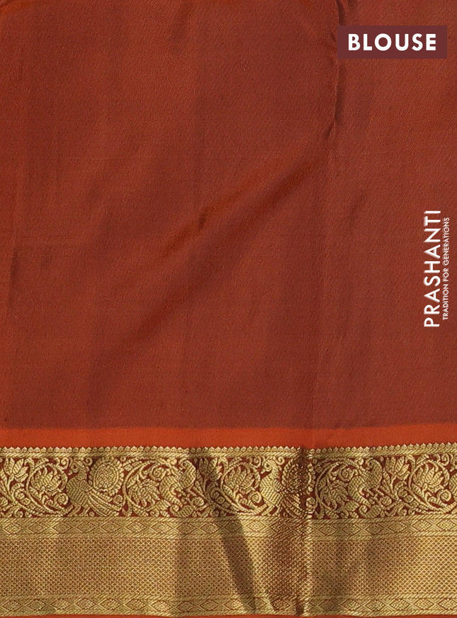 Pure kanchipuram silk saree bottle green and orange with allover zari weaves & buttas and rich zari woven border