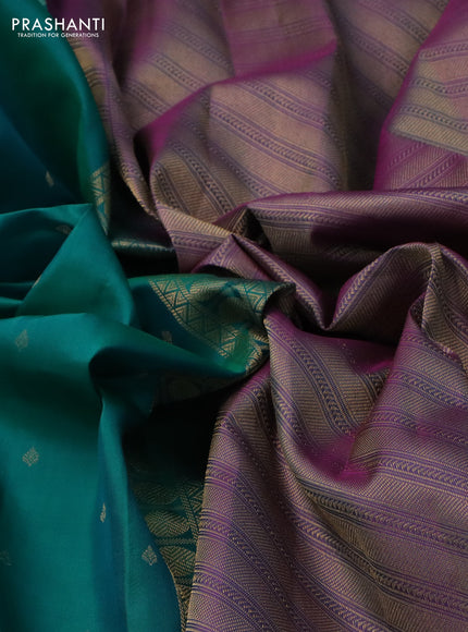 Pure kanchipuram silk saree teal green and purple with allover zari woven buttas and rettapet zari woven border