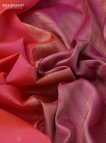Pure kanchipuram silk saree dual shade of peach shade and pink with allover zari woven buttas and rettapet zari woven border