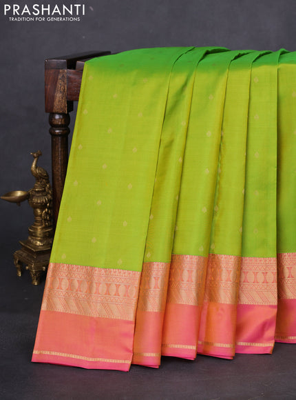 Pure kanchipuram silk saree light green and pink with allover zari woven buttas and rettapet zari woven border