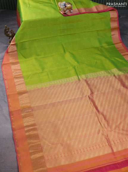 Pure kanchipuram silk saree light green and pink with allover zari woven buttas and rettapet zari woven border