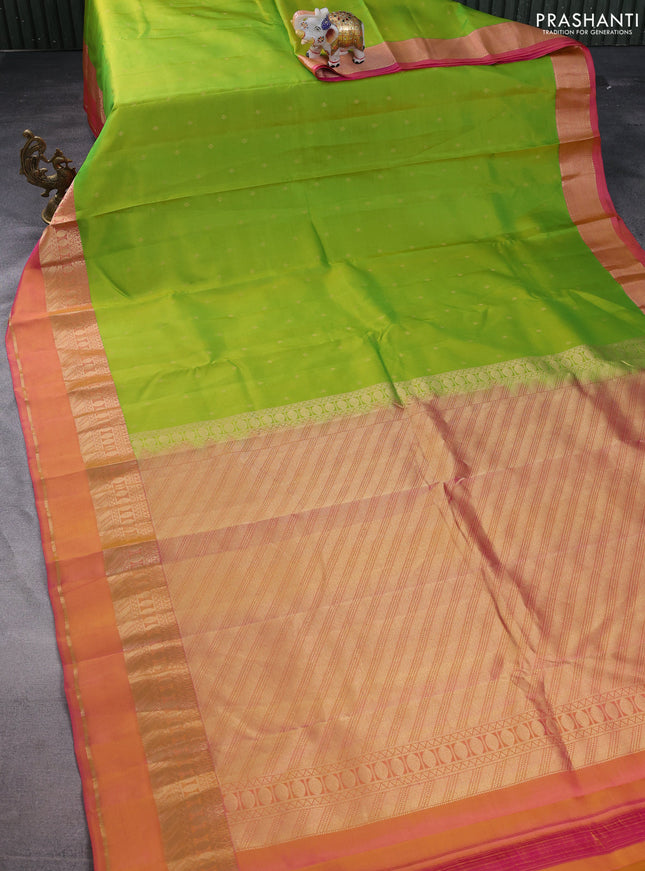 Pure kanchipuram silk saree light green and pink with allover zari woven buttas and rettapet zari woven border