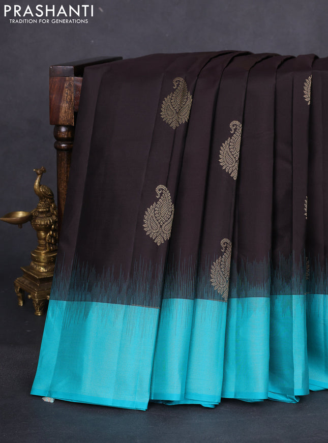 Pure kanchipuram silk saree coffee brown and teal blue with zari woven buttas and zari woven border