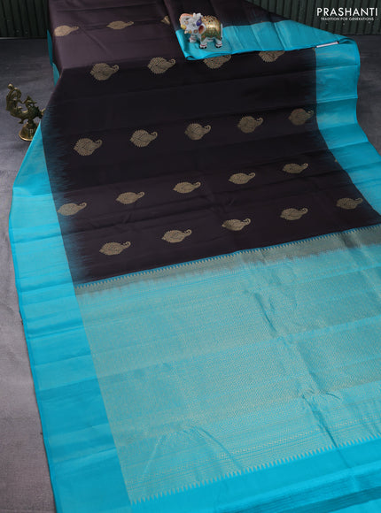 Pure kanchipuram silk saree coffee brown and teal blue with zari woven buttas and zari woven border