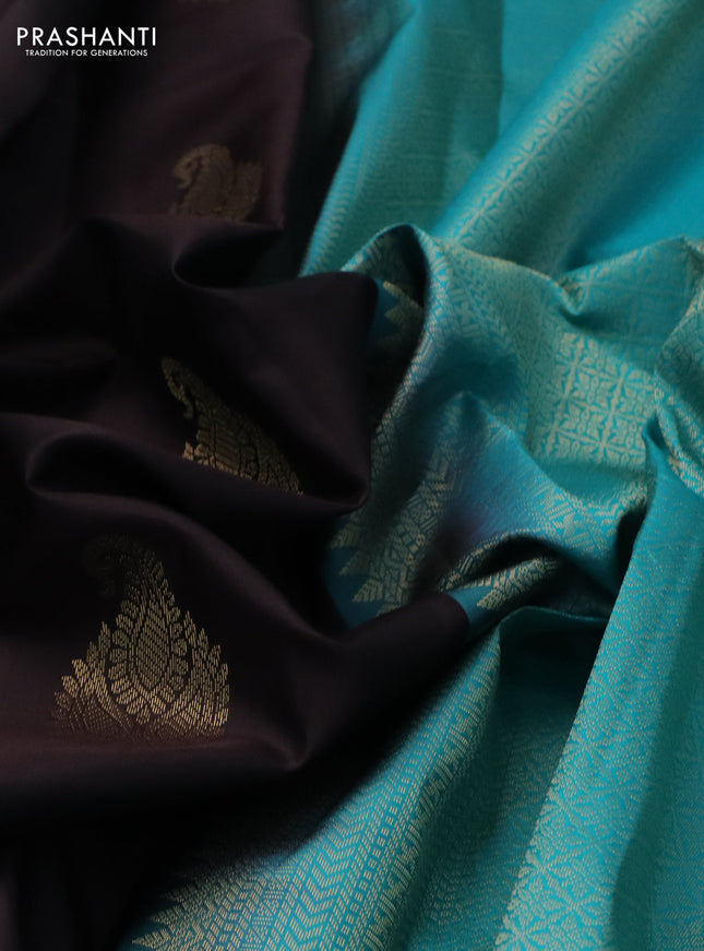 Pure kanchipuram silk saree coffee brown and teal blue with zari woven buttas and zari woven border