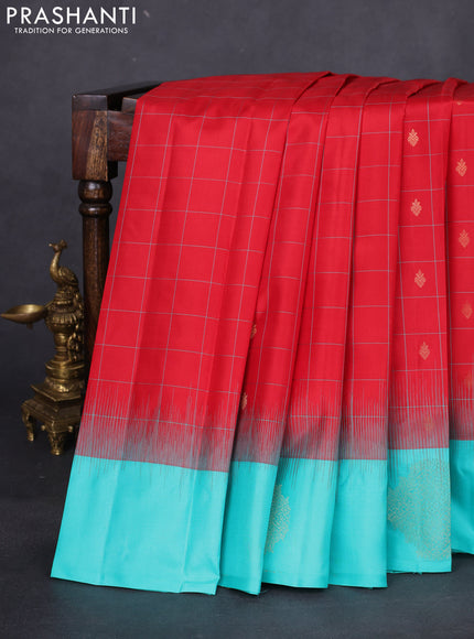 Pure kanchipuram silk saree red and teal blue with allover checks & zari buttas and zari woven butta border