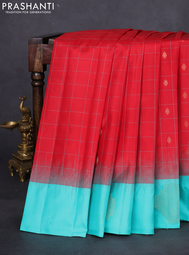 Pure kanchipuram silk saree red and teal blue with allover checks & zari buttas and zari woven butta border