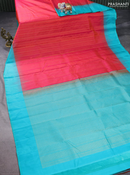 Pure kanchipuram silk saree red and teal blue with allover checks & zari buttas and zari woven butta border