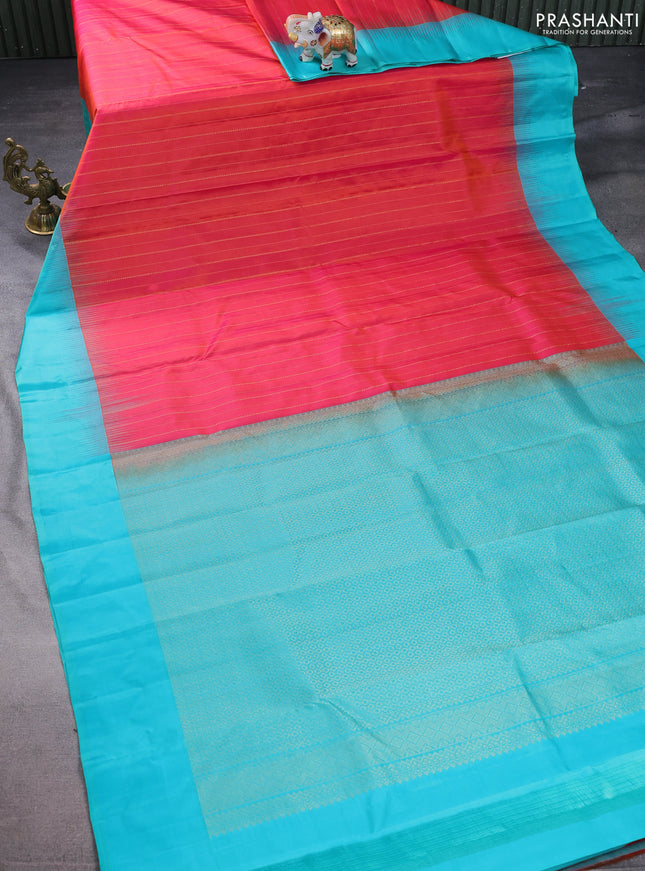 Pure kanchipuram silk saree red and teal blue with allover checks & zari buttas and zari woven butta border