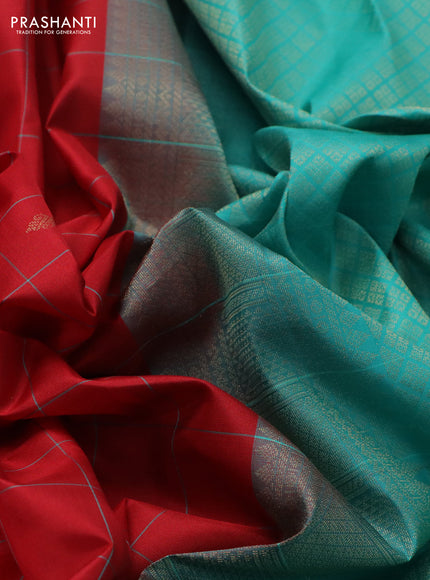 Pure kanchipuram silk saree red and teal blue with allover checks & zari buttas and zari woven butta border