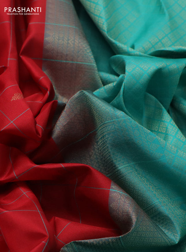 Pure kanchipuram silk saree red and teal blue with allover checks & zari buttas and zari woven butta border