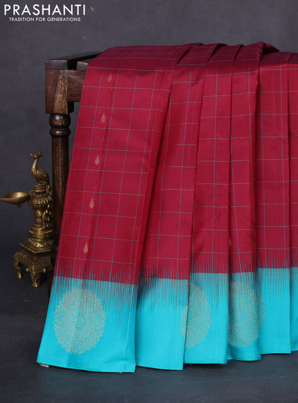 Pure kanchipuram silk saree maroon and teal blue with allover checks & zari buttas and zari woven butta border
