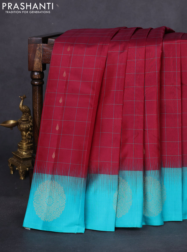 Pure kanchipuram silk saree maroon and teal blue with allover checks & zari buttas and zari woven butta border