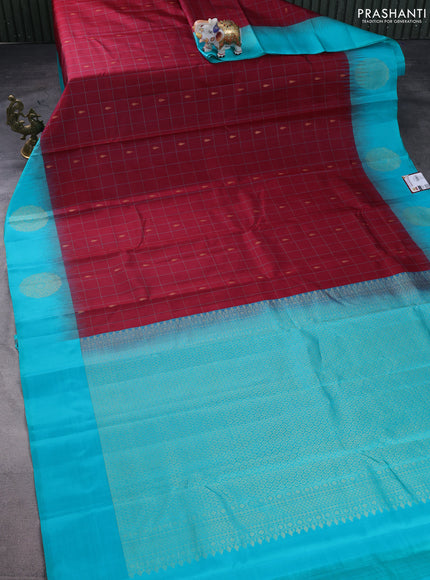 Pure kanchipuram silk saree maroon and teal blue with allover checks & zari buttas and zari woven butta border
