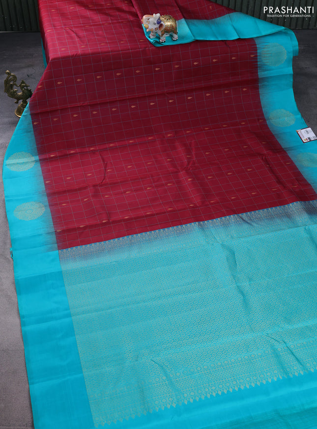 Pure kanchipuram silk saree maroon and teal blue with allover checks & zari buttas and zari woven butta border