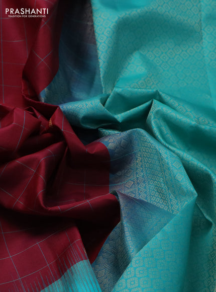 Pure kanchipuram silk saree maroon and teal blue with allover checks & zari buttas and zari woven butta border