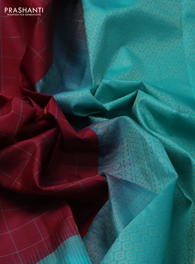 Pure kanchipuram silk saree maroon and teal blue with allover checks & zari buttas and zari woven butta border
