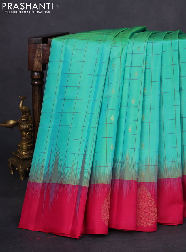 Pure kanchipuram silk saree teal blue and dark pink with allover checks & zari buttas and zari woven butta border