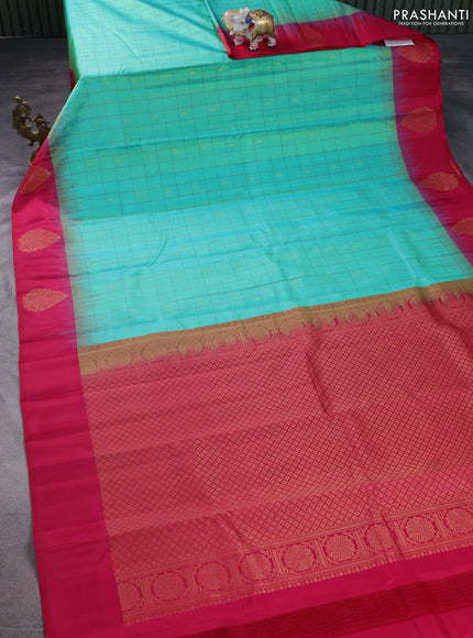 Pure kanchipuram silk saree teal blue and dark pink with allover checks & zari buttas and zari woven butta border