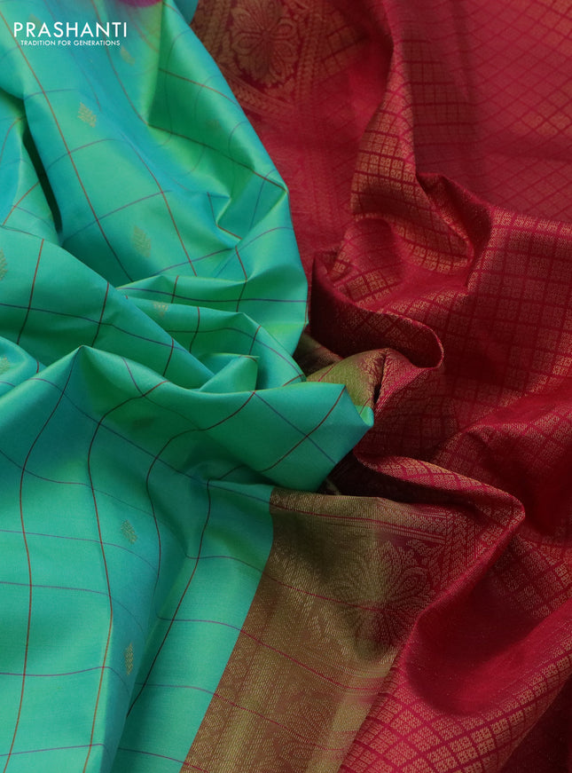 Pure kanchipuram silk saree teal blue and dark pink with allover checks & zari buttas and zari woven butta border