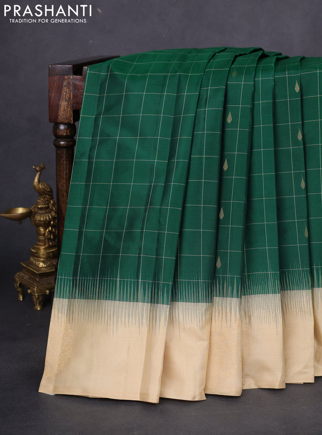 Pure kanchipuram silk saree green and sandal with allover checks & zari buttas and zari woven butta border