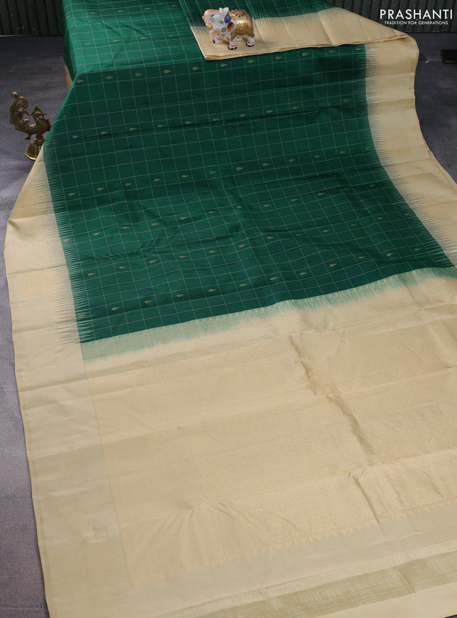 Pure kanchipuram silk saree green and sandal with allover checks & zari buttas and zari woven butta border