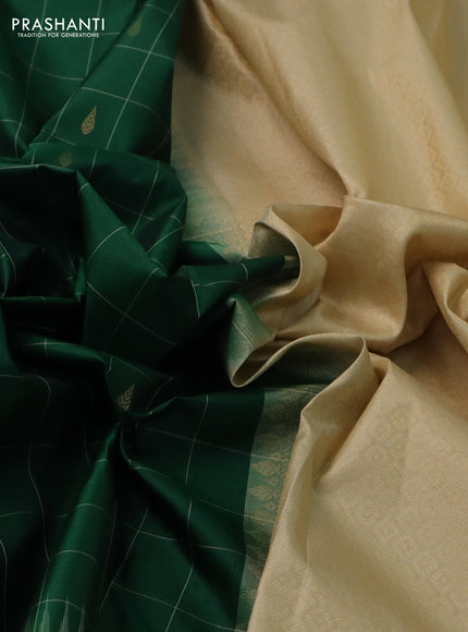 Pure kanchipuram silk saree green and sandal with allover checks & zari buttas and zari woven butta border